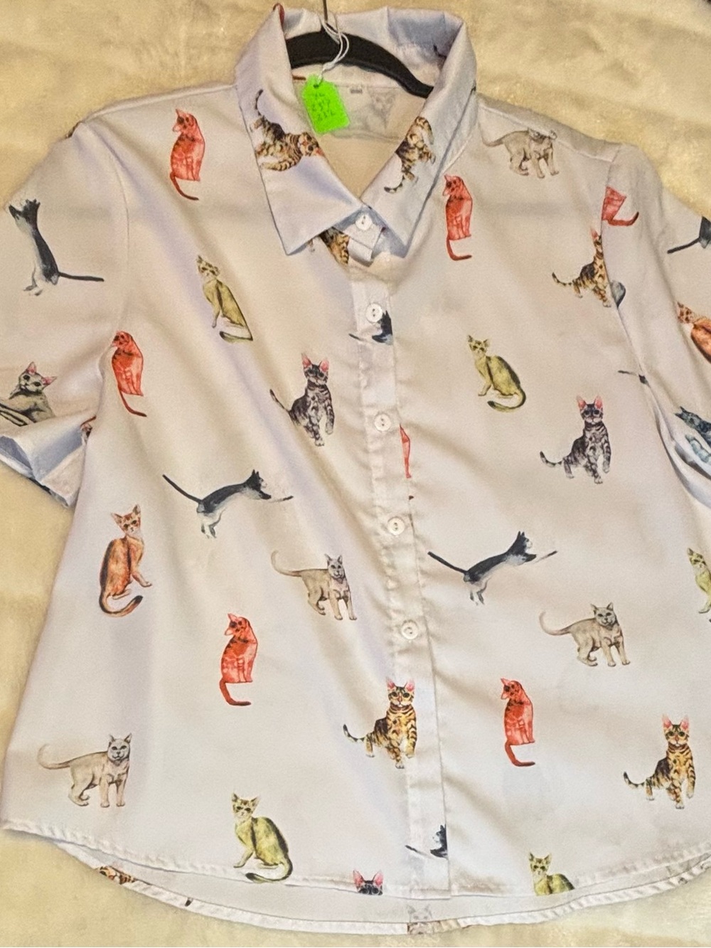 Cat Print Short Sleeve Blouse - White with Multicolor Cats-size XL